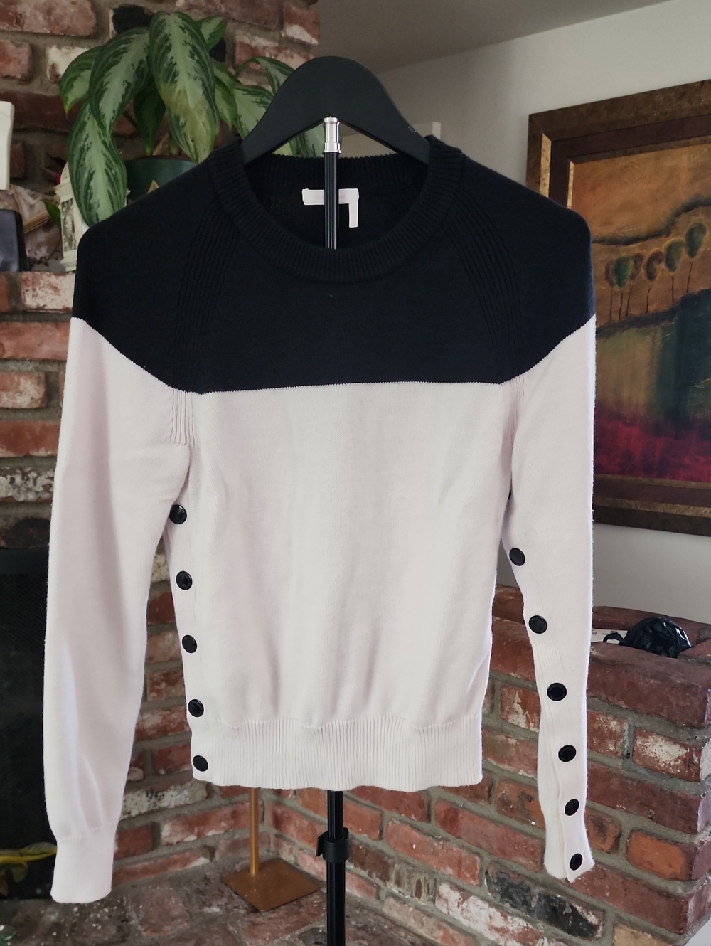 See by Chloé Colorblock Knit Sweater Pink Black Button Sleeve Crewneck Size XS